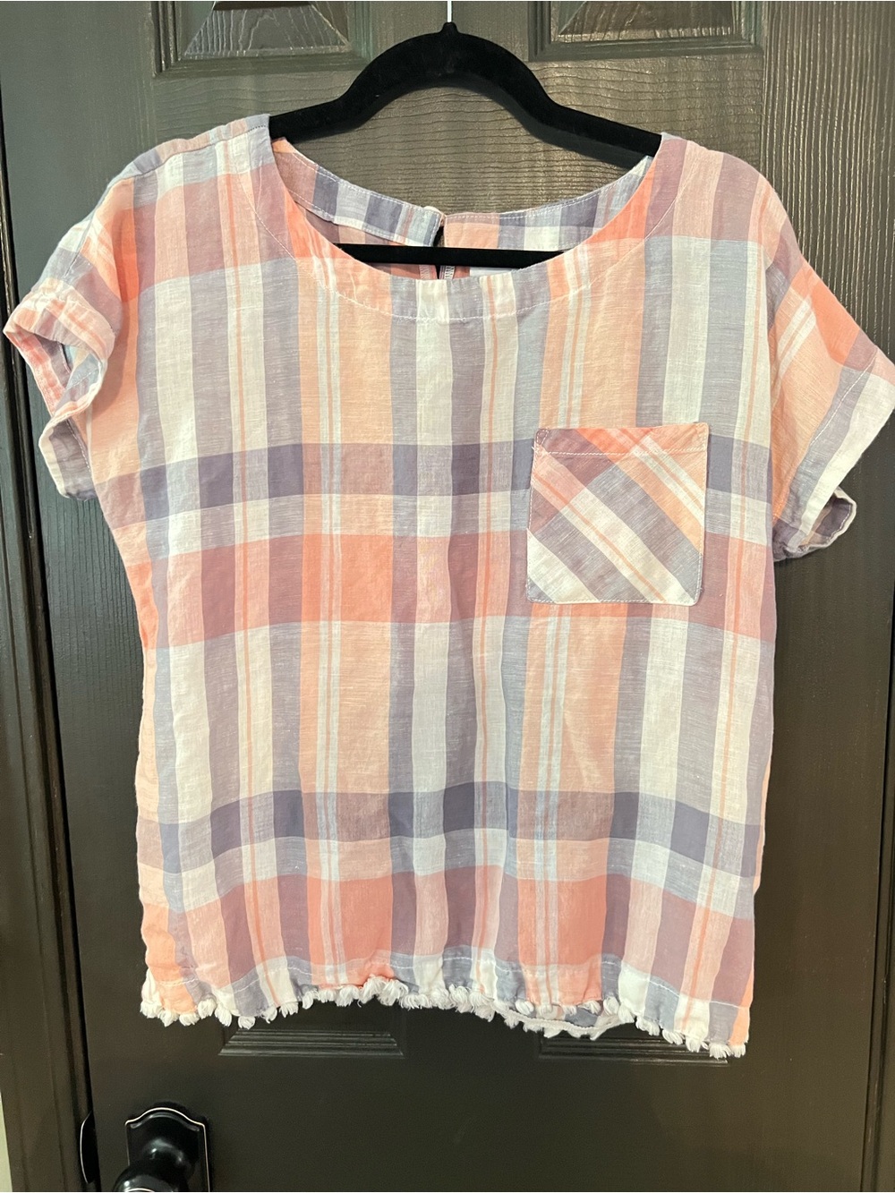 Liz Claiborne Peach and Lavender Plaid Short-Sleeve Top